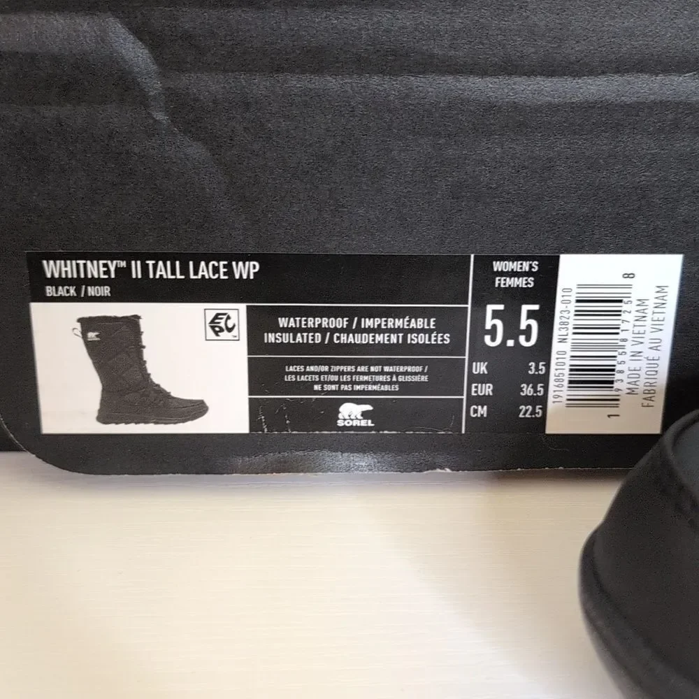 Sorel 5.5 Whitney II Tall Lace Black Waterproof Winter Boots, NEW